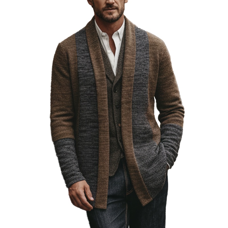 Men’s Winter Retro Stitching Faux Cashmere Knit Cardigan MTA1631J6P Brown