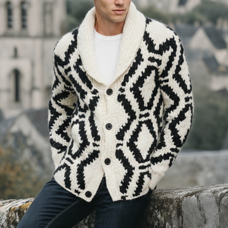 Men’s Winter Simple Knitted Jacquard Shawl Collar Cotton Cardigan MTA1678J3P White