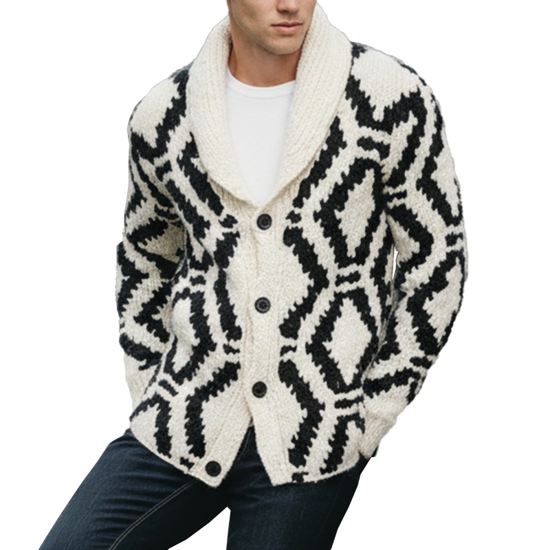 Men’s Winter Simple Knitted Jacquard Shawl Collar Cotton Cardigan MTA1678J3P White