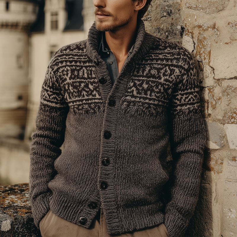 Men’s Winter Vintage Cotton Knitted Jacquard Button Cardigan MTA1615J8P Earthy Brown