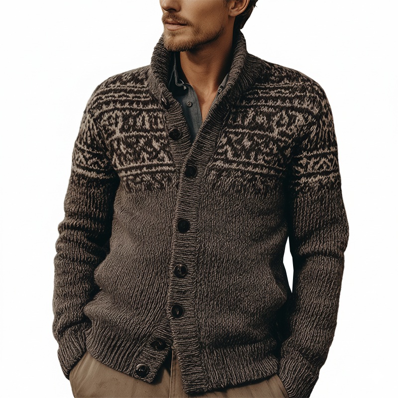 Men’s Winter Vintage Cotton Knitted Jacquard Button Cardigan MTA1615J8P Earthy Brown
