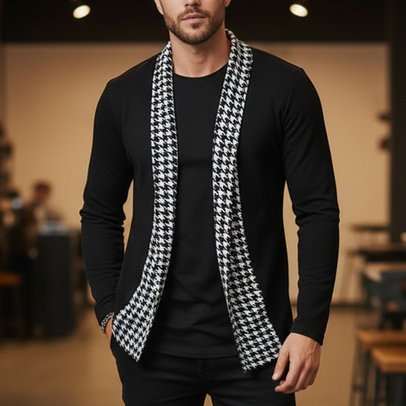Men’s Autumn Fashion Houndstooth Stitching Imitation Cashmere Open Cardigan MTA1669J0P Black