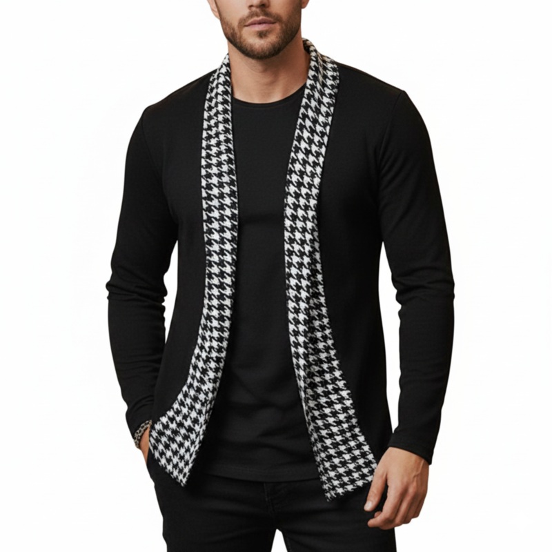 Men’s Autumn Fashion Houndstooth Stitching Imitation Cashmere Open Cardigan MTA1669J0P Black