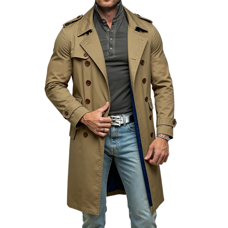 Men’s Casual Cotton Lapel Double-breasted Long Trench Coat MTA1768J9X Light Green