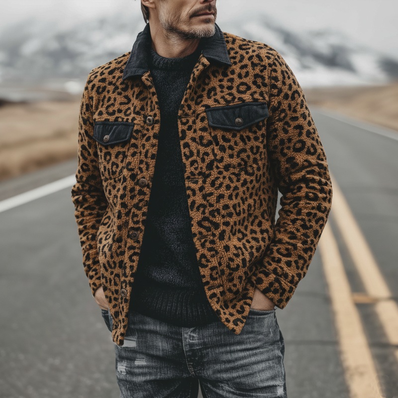 Men’s Classic Casual Corduroy Collar And Flap Leopard Print Teddy Jacket MTA1714J6K Leopard