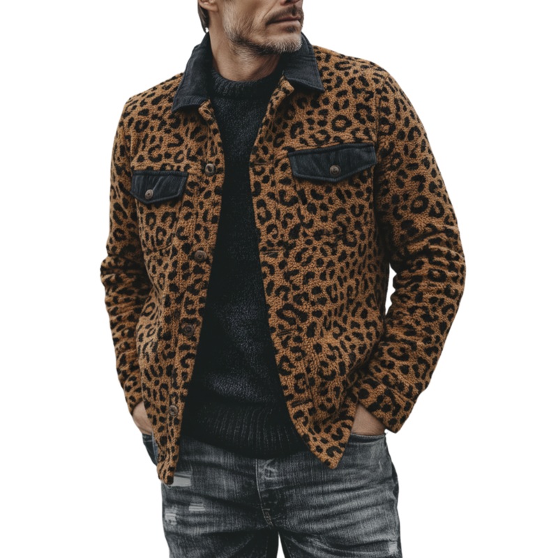 Men’s Classic Casual Corduroy Collar And Flap Leopard Print Teddy Jacket MTA1714J6K Leopard