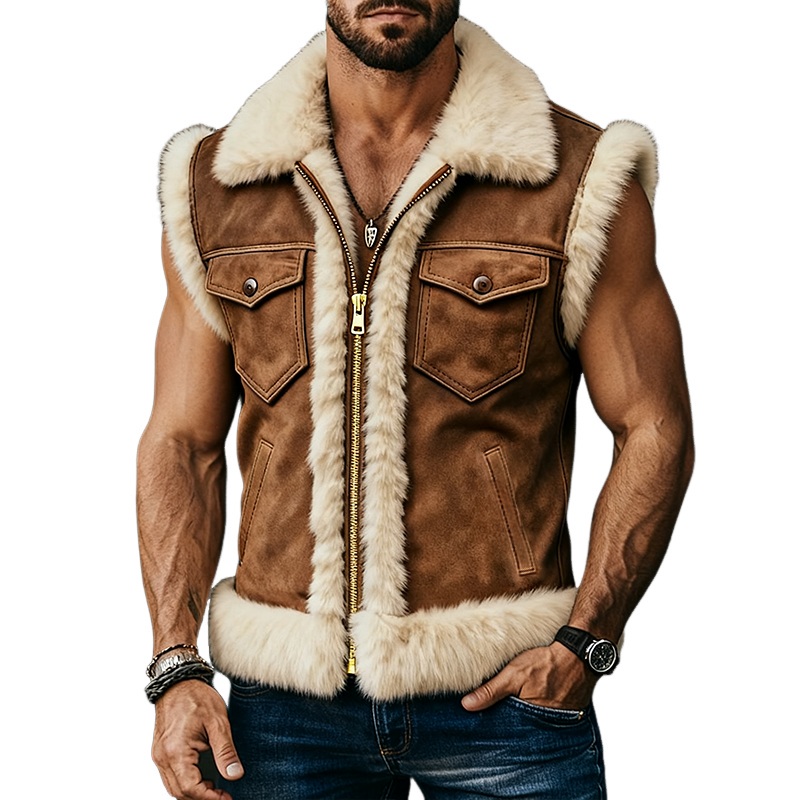 Men’s Retro Casual Plush Pocket Zipper Lapel Vest MTA1668J2TO Brown