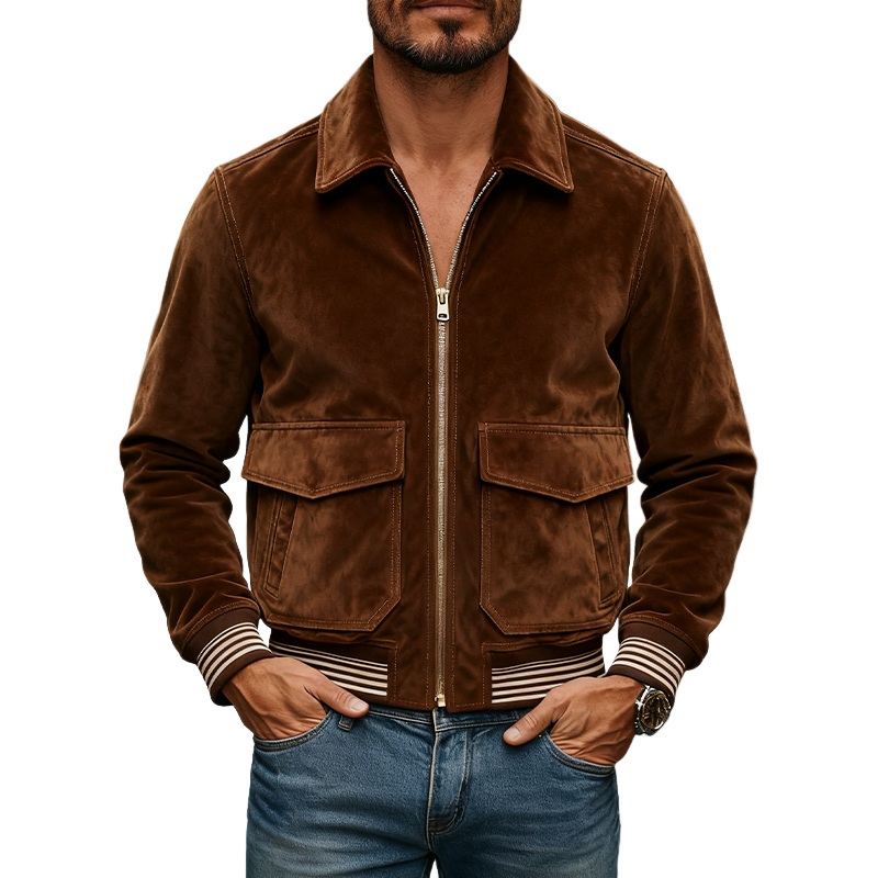 Men’s Vintage Western Faux Suede Lapel Zip-Up Jacket MTA1746J2X Brown
