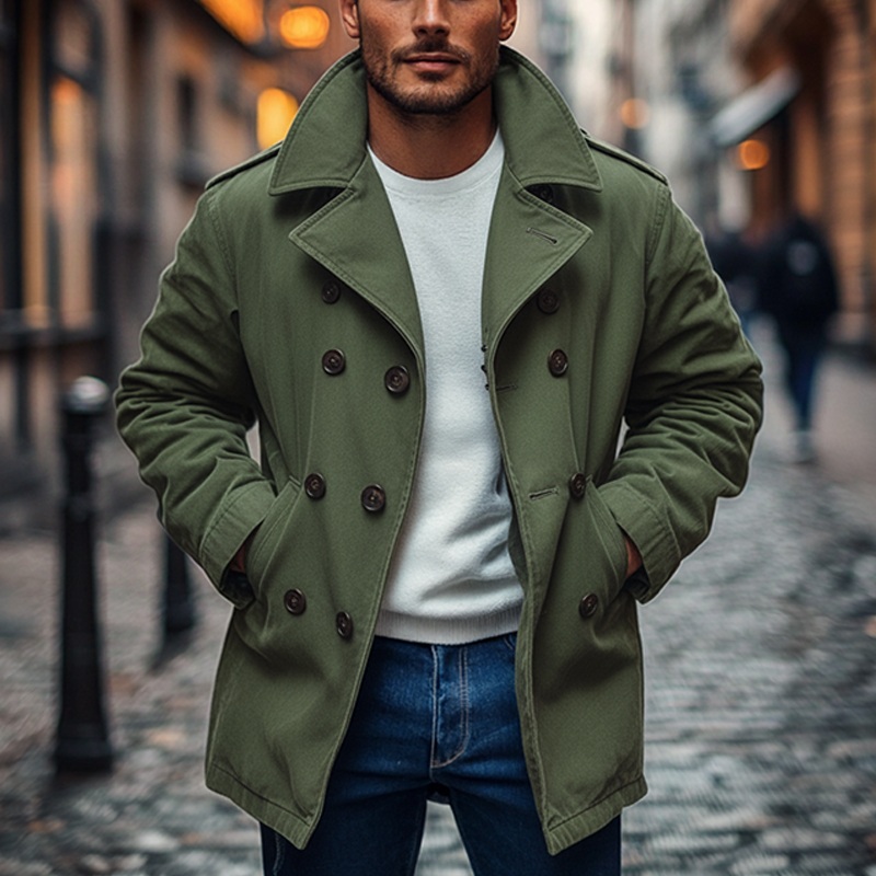 Men’s Washed Cotton Lapel Double-breasted Jacket MTA1643J3X Army Green