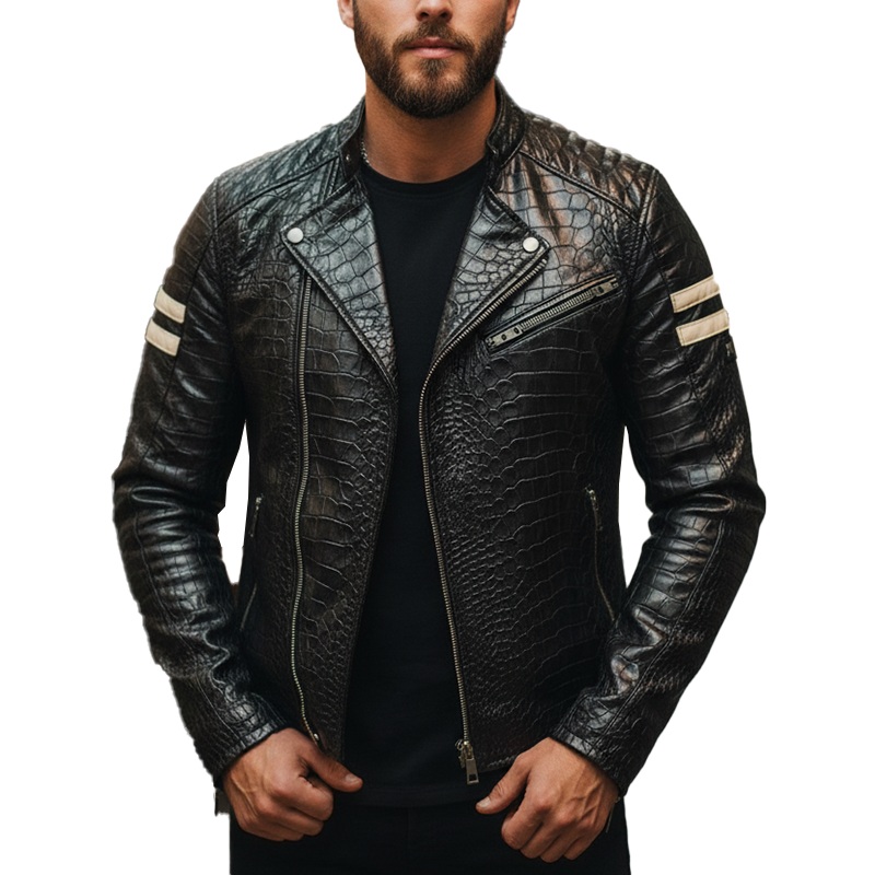Men’s Winter Fashion Crocodile Pattern PU Faux Leather Motorcycle Jacket MTA1758J5P Black