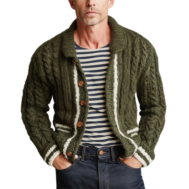 Men’s Casual Fashionable Lapel White And Green Contrast Knitted Cardigan MTA1714J9K Green