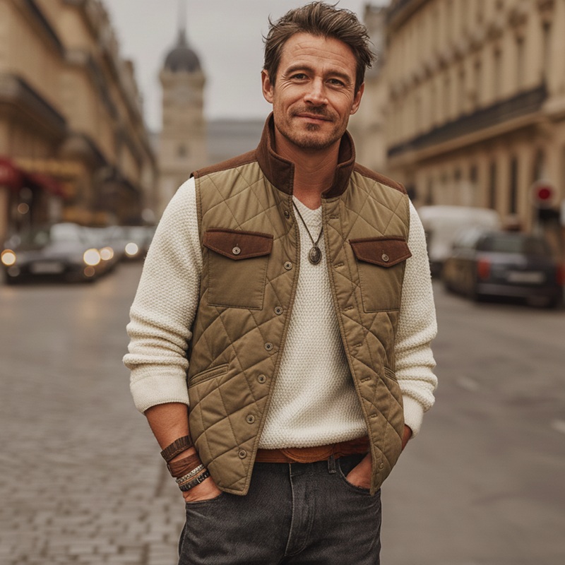 Men’s Classic Colorblock Quilted Stand Collar Button Vest MTA2021J2U Khaki