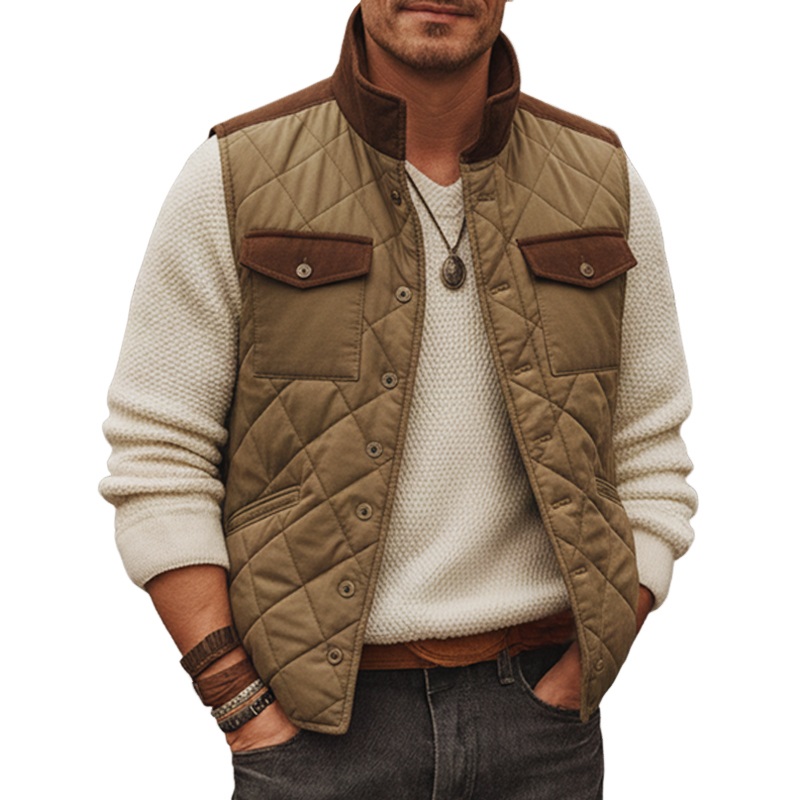 Men’s Classic Colorblock Quilted Stand Collar Button Vest MTA2021J2U Khaki