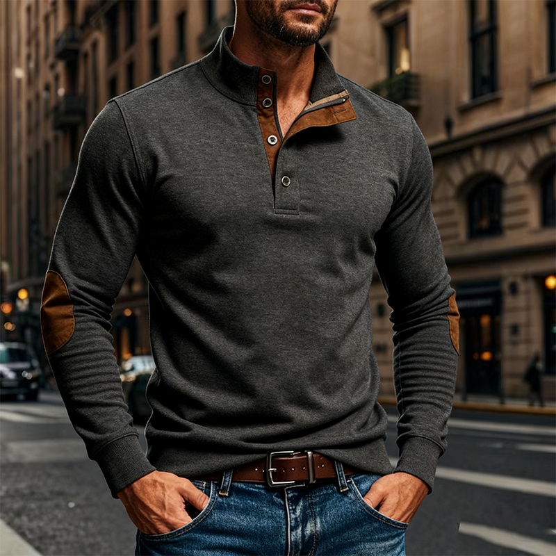 Men’s Cotton Blend Contrast Stand Collar Button-down Pullover Sweatshirt MTA1788J8X Dark Gray