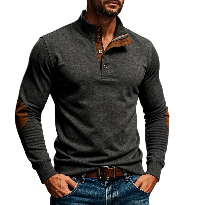 Men’s Cotton Blend Contrast Stand Collar Button-down Pullover Sweatshirt MTA1788J8X Dark Gray