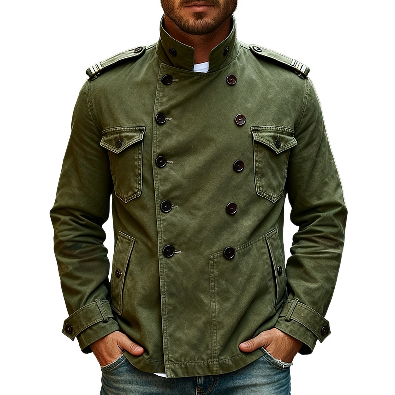 Men’s Vintage Washed Cotton Double Breasted Stand Collar Jacket MTA1717J6X Army Green