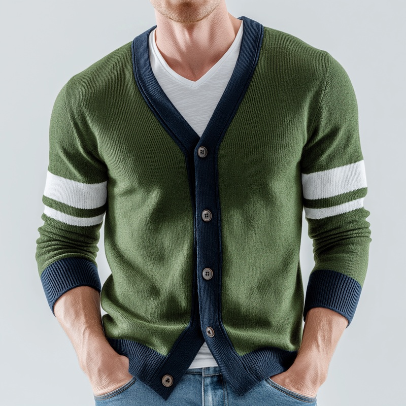 Men’s Winter Fashion Contrast Color Cotton Yarn Knitted Thin Cardigan MTA2075J1P Green