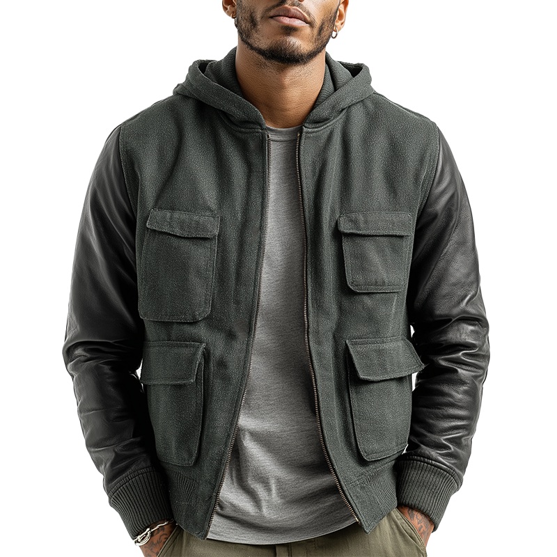 Men’s Winter Retro PU Stitching Hooded Faux Leather Jacket MTA2081J6P Gray-green