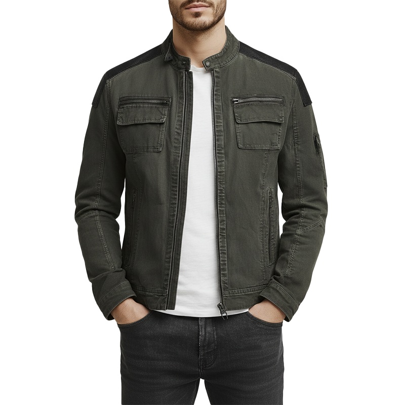 Men’s Winter Vintage Washed Denim PU Patch Bomber Jacket MTA2071J5P Grey-green