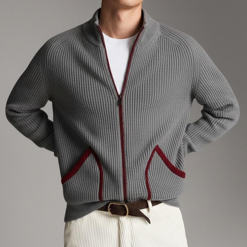 Men’s Classic Casual Stand Collar Pocket Zipper Knit Cardigan MTA2153J4K Gray