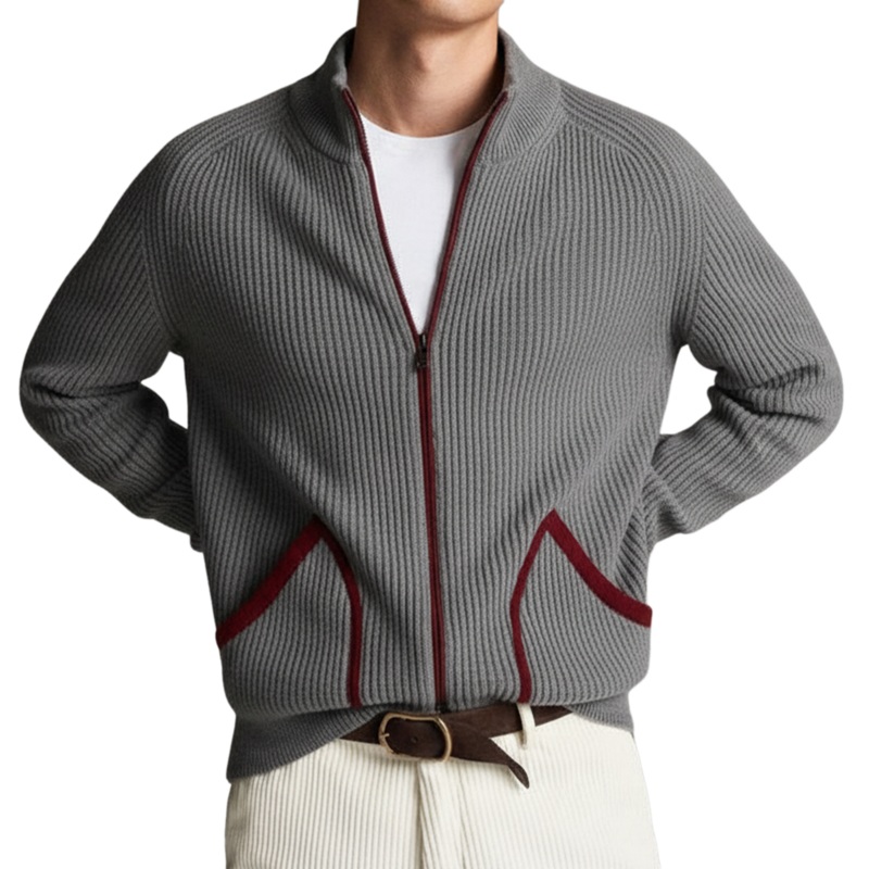 Men’s Classic Casual Stand Collar Pocket Zipper Knit Cardigan MTA2153J4K Gray
