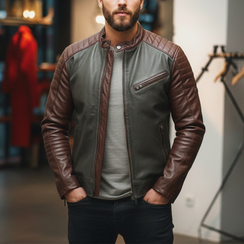 Men’s Winter Retro Contrast Color Stitching PU Faux Leather Jacket MTA2182J9P Olive Green