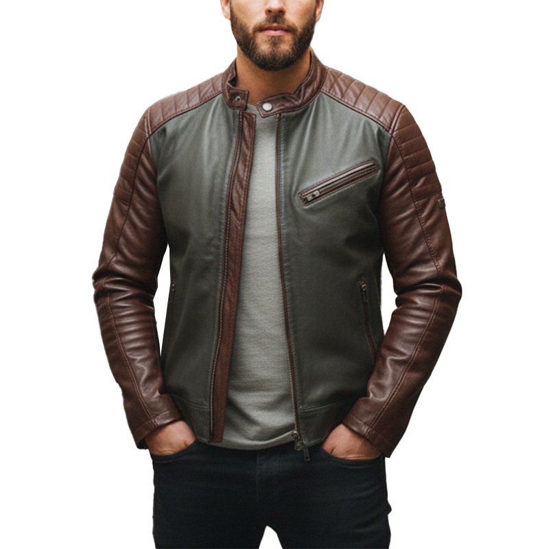 Men’s Winter Retro Contrast Color Stitching PU Faux Leather Jacket MTA2182J9P Olive Green