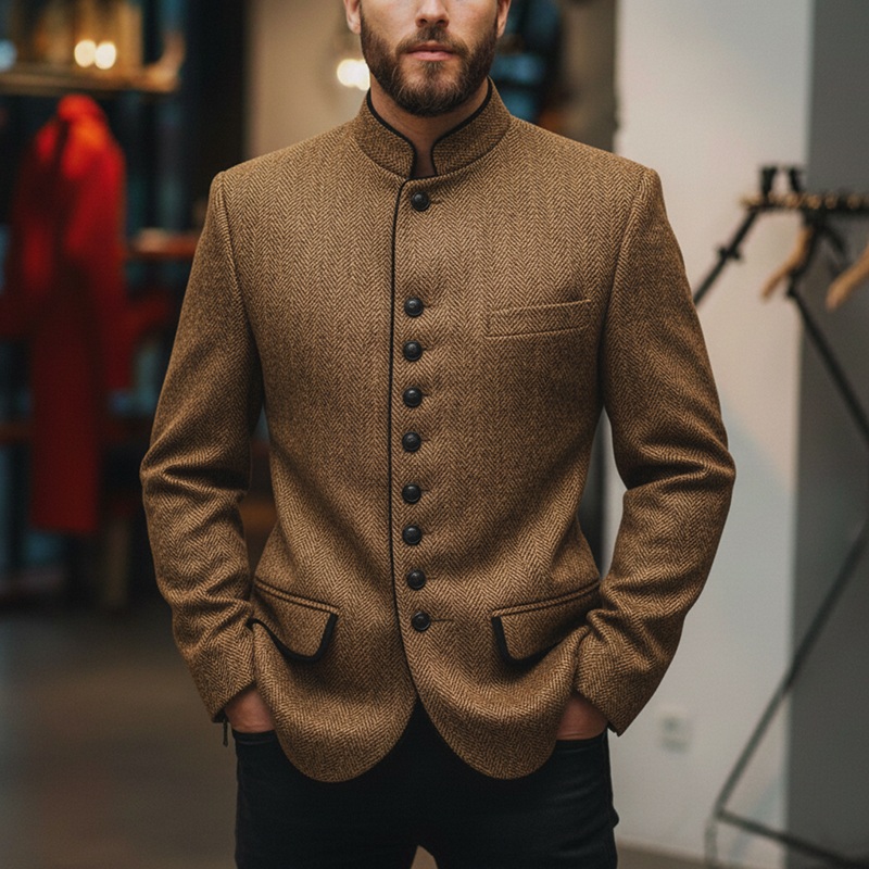 Men’s Winter Retro Herringbone Faux Wool Stand Collar Coat MTA2104J7P Brown