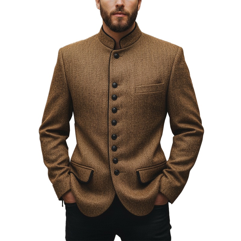 Men’s Winter Retro Herringbone Faux Wool Stand Collar Coat MTA2104J7P Brown