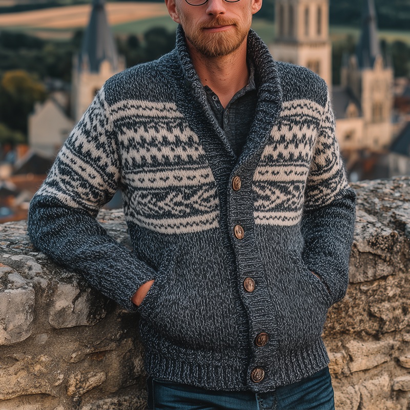 Men’s Winter Vintage Knitted Jacquard Cotton Cardigan MTA1606J8P Misty Blue