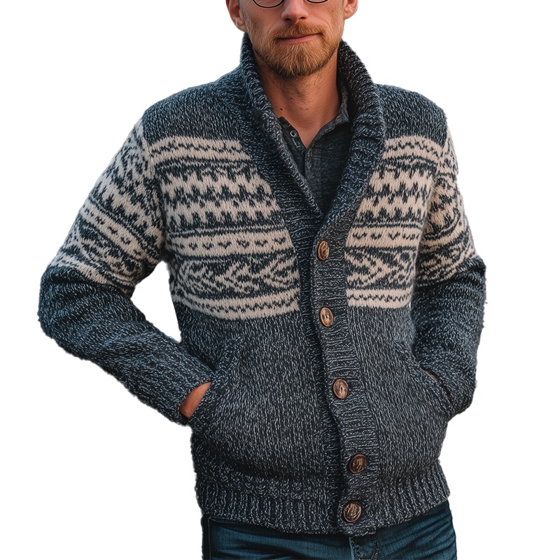 Men’s Winter Vintage Knitted Jacquard Cotton Cardigan MTA1606J8P Misty Blue