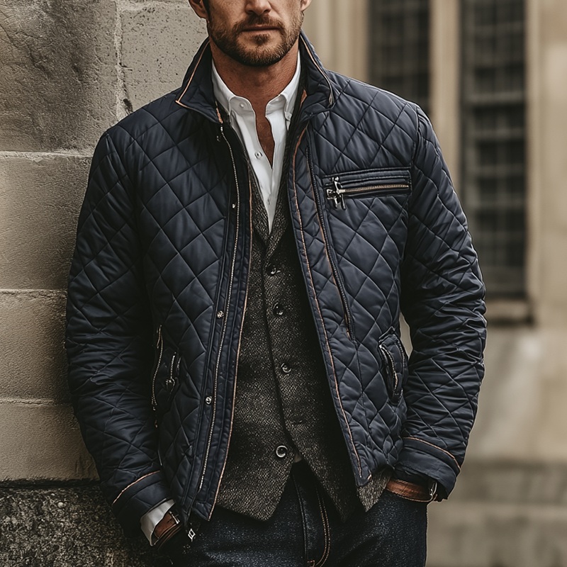Men’s Winter Vintage Quilted Stand Collar Warm Jacket MTA1513J5P Navy