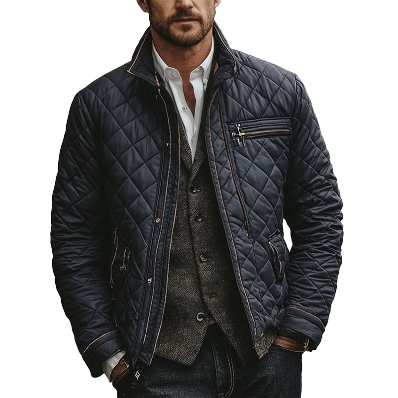 Men’s Winter Vintage Quilted Stand Collar Warm Jacket MTA1513J5P Navy