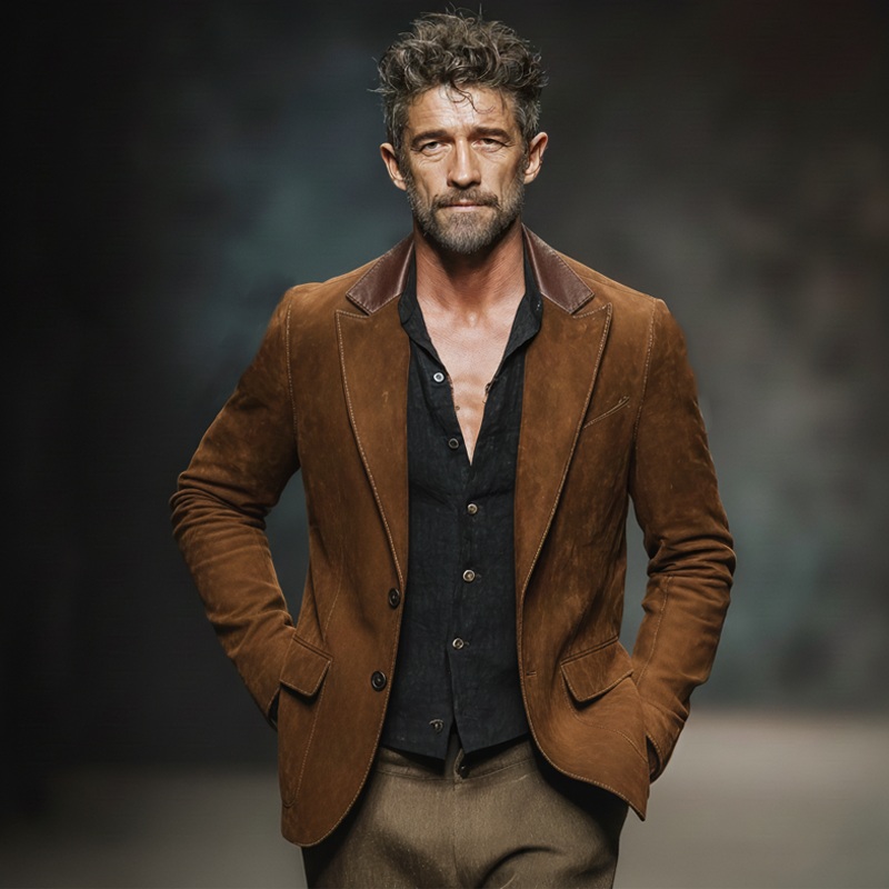 Men’s Business Suede And PU Leather Two-button Double-slit Blazer MTA2214J9U Brown