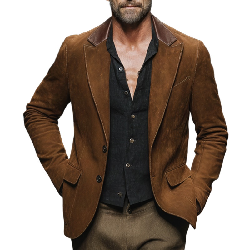 Men’s Business Suede And PU Leather Two-button Double-slit Blazer MTA2214J9U Brown