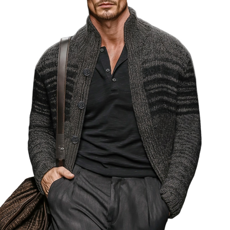 Men’s Casual Colorblock Dark Grey Stand Collar Knitted Cardigan MTA2204J2U Dark Grey