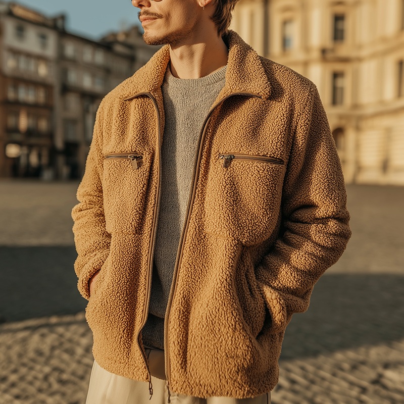 Men’s Winter Fashion Faux Sherpa Zipper Warm Jacket MTA2282J4P Khaki