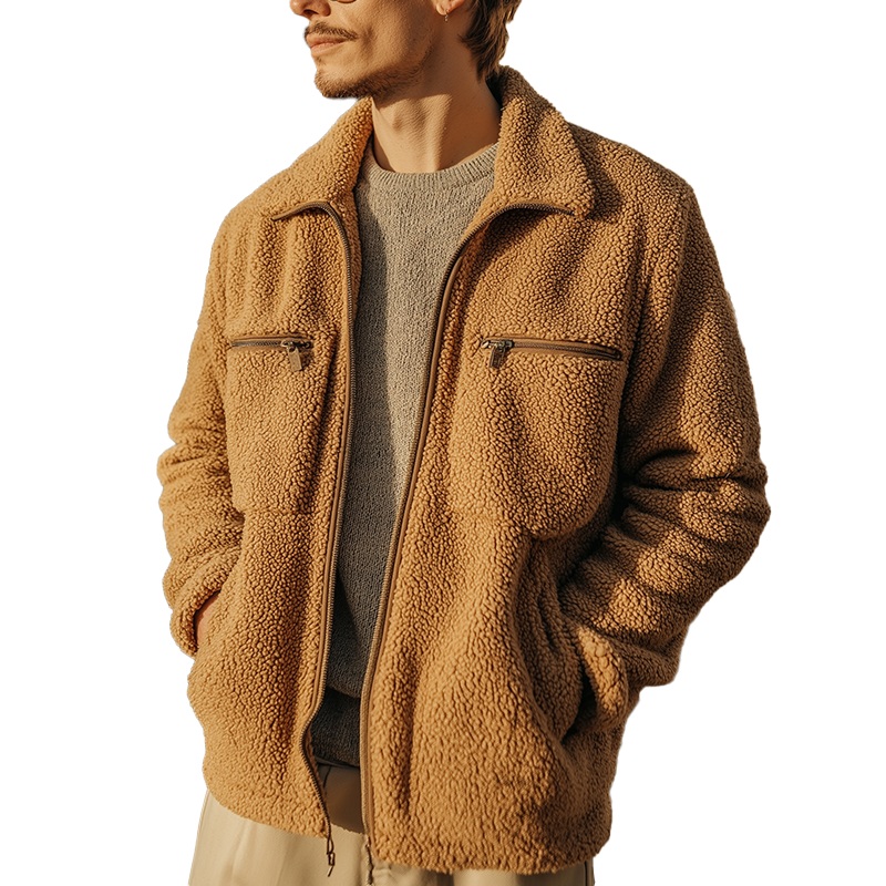 Men’s Winter Fashion Faux Sherpa Zipper Warm Jacket MTA2282J4P Khaki