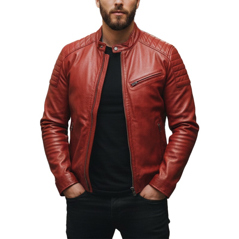 Men’s Winter Fashion Multi-pocket PU Faux Leather Motorcycle Jacket MTA2236J9P Red