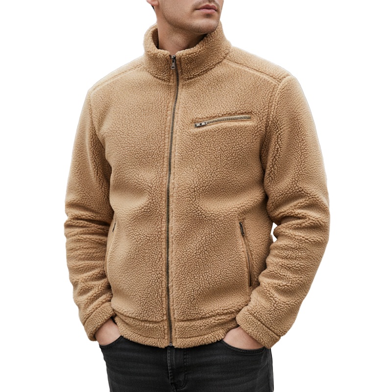 Men’s Winter Fashion Stand Collar Polar Fleece Zipper Jacket MTA2241J7P Khaki