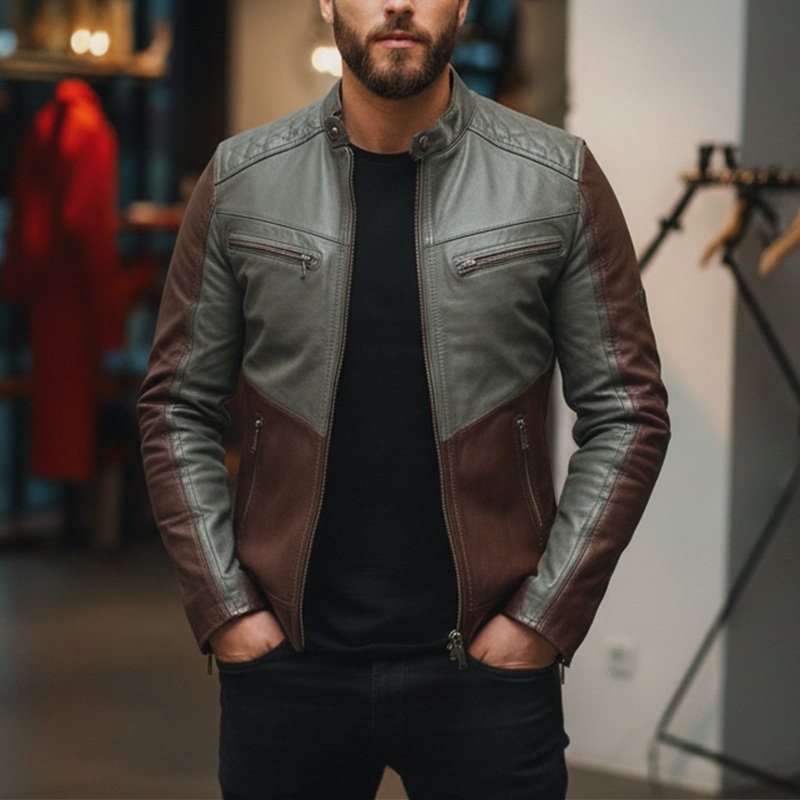 Men’s Winter Retro Contrast Color Stitching PU Faux Leather Jacket MTA2182J8P Olive Green