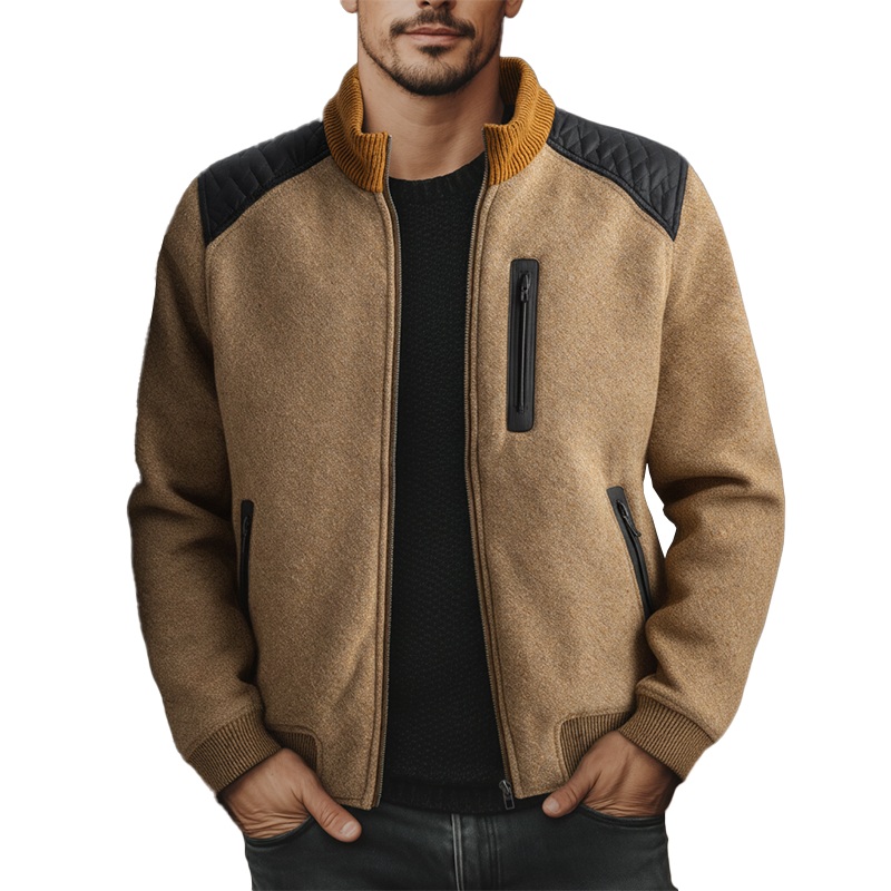 Men’s Winter Retro Faux Wool PU Patch Warm Jacket MTA2264J2P Khaki