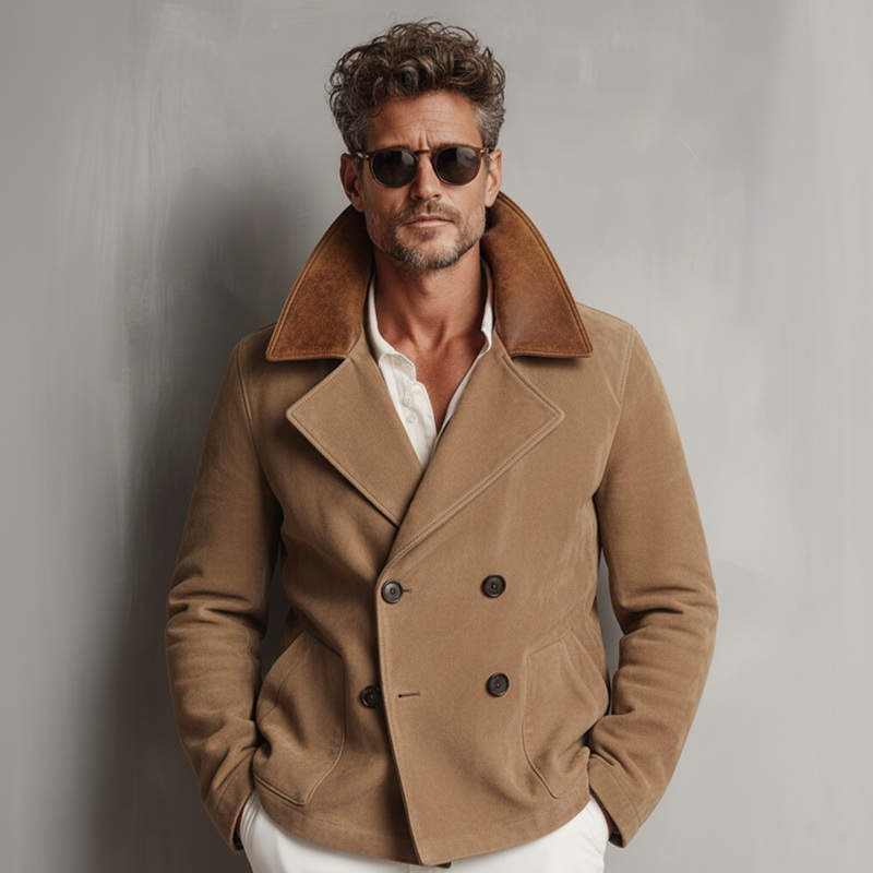 Men’s Classic Retro Western Tough Style PU Leather Lapel Double-breasted Faux Suede Jacket MTA2235J5K Camel