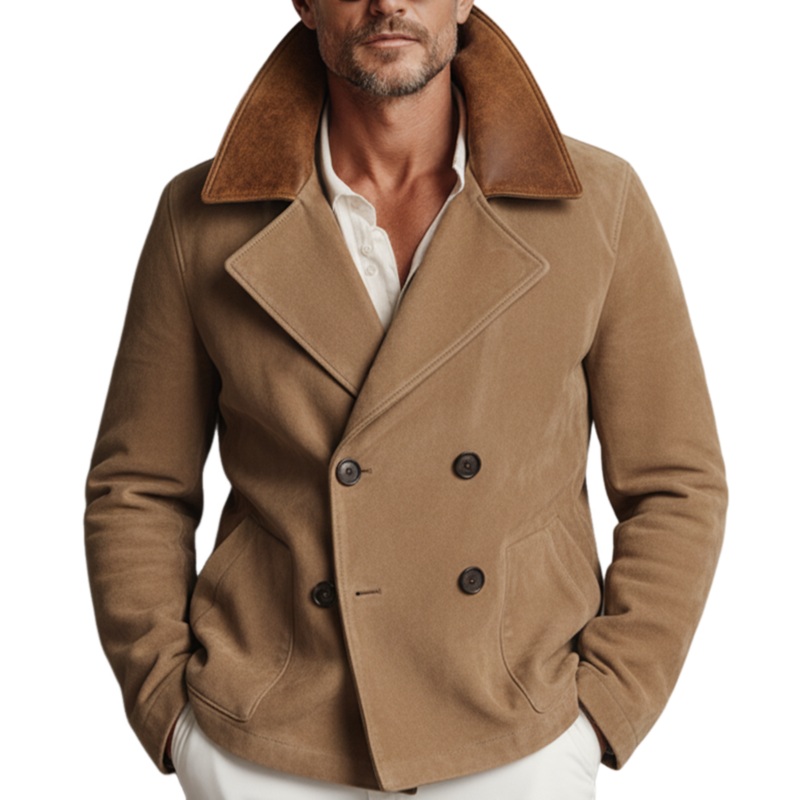 Men’s Classic Retro Western Tough Style PU Leather Lapel Double-breasted Faux Suede Jacket MTA2235J5K Camel
