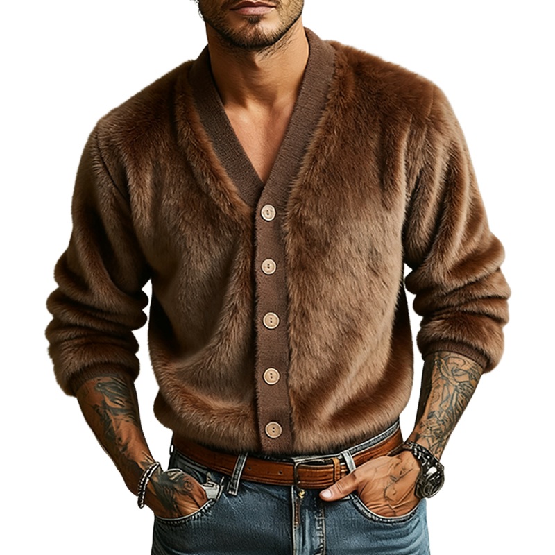 Men’s Solid Color Faux Mohair V-Neck Loose Jacket MTA2261J9X Brown