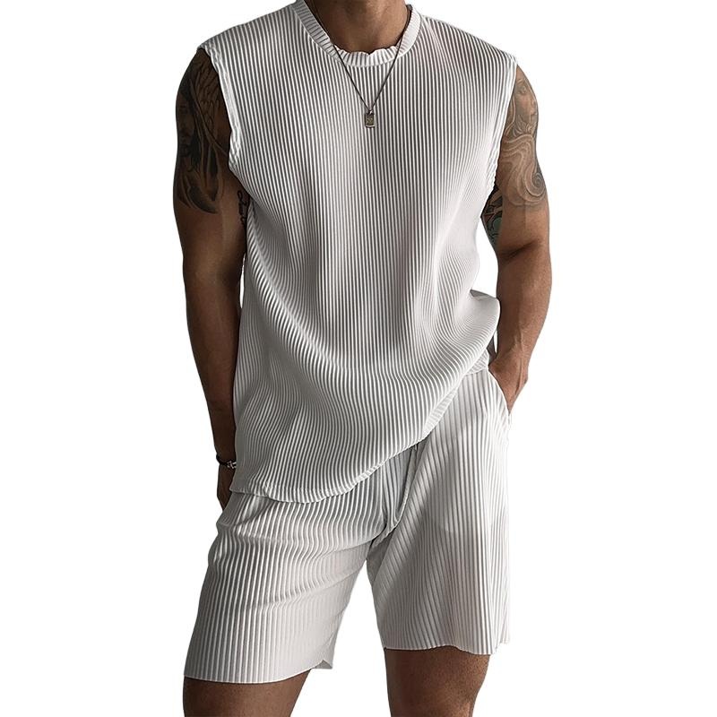 Men’s Solid Color Stretch Striped Round Neck Sleeveless Tank Top Shorts Casual Set 39890208Z White