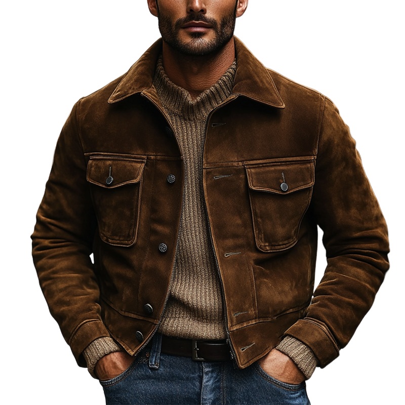 Men’s Vintage Western Cowboy Style Faux Suede Lapel Jacket MTA2326J6X Brown