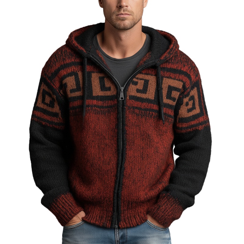 Men’s Winter Retro Contrast Color Knitted Jacquard Cotton Yarn Hooded Cardigan MTA2346J1P Red