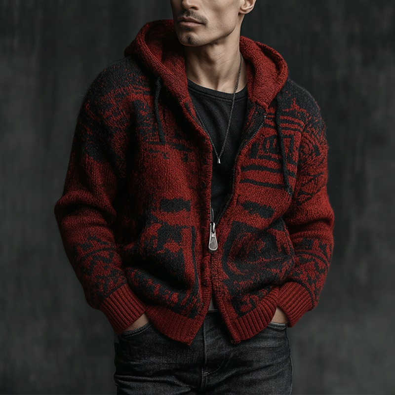 Men’s Winter Retro Contrast Color Knitted Jacquard Cotton Yarn Hooded Cardigan MTA2351J3P Red