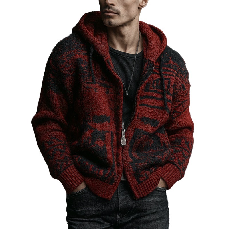 Men’s Winter Retro Contrast Color Knitted Jacquard Cotton Yarn Hooded Cardigan MTA2351J3P Red
